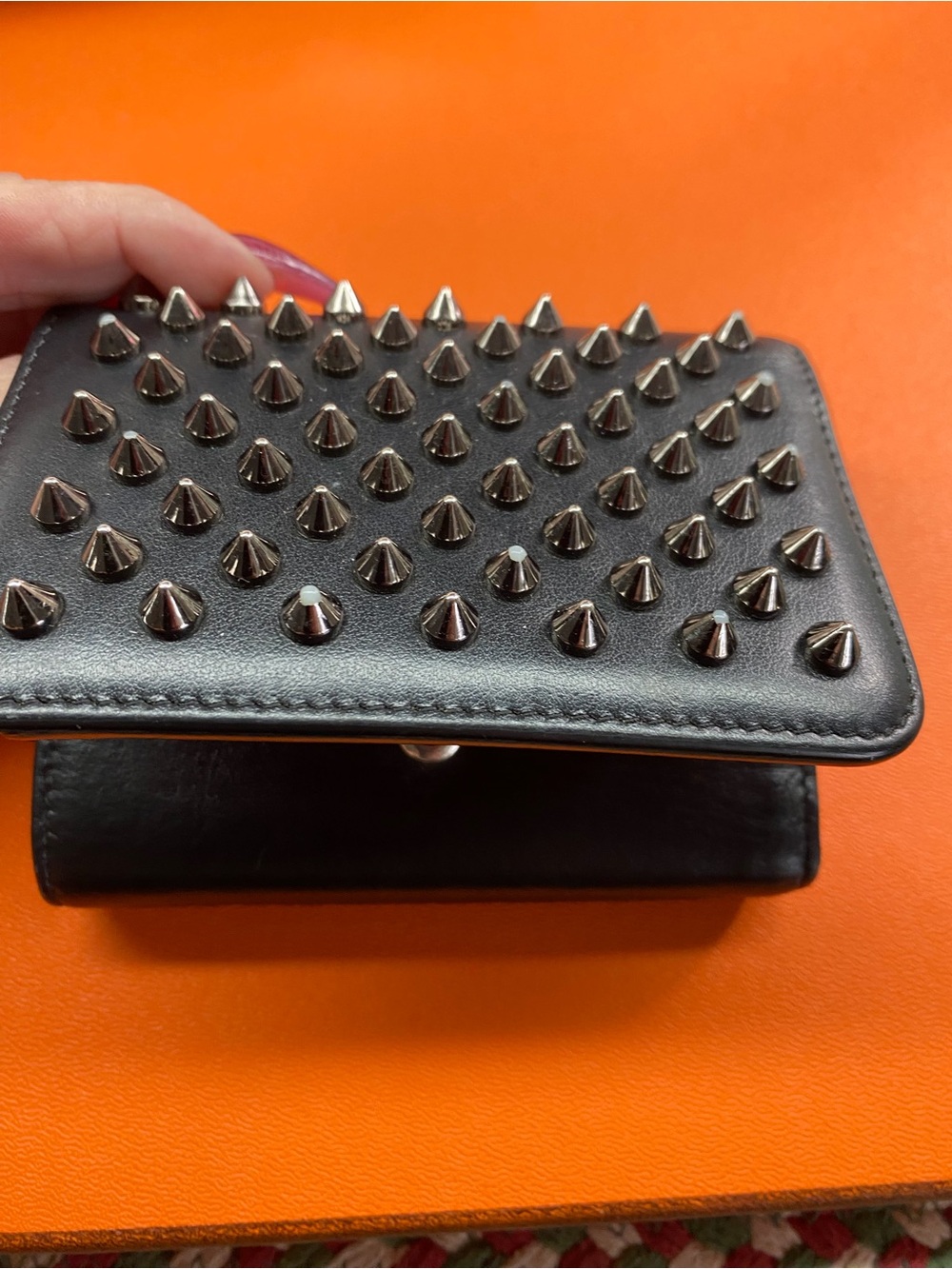 Christian Louboutin Black Leather Studded Compact Wallet with Red Zip Accent - Picture 4 of 16